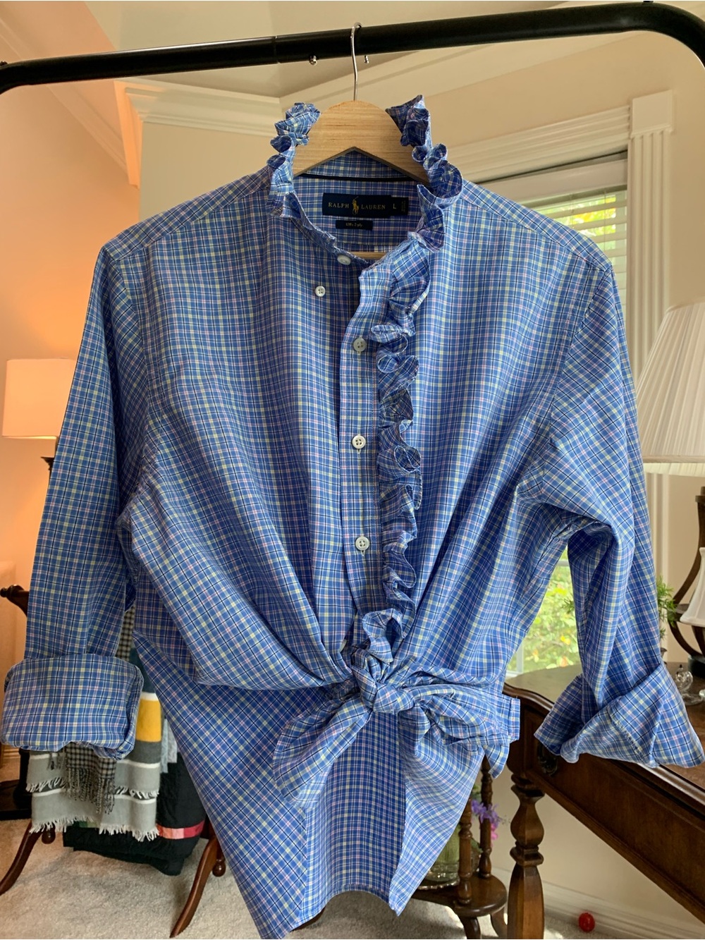 Ralph Lauren Blue Plaid Ruffle-Trim Button-Down Shirt